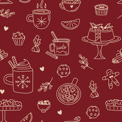 Holiday seamless pattern with whimsical doodle elements on red background. Hand-drawn Christmas ornaments, sweets and hot drinks.
