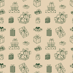 Seamless vector pattern with holiday doodle elements. Hand drawn gift boxes on beige background, for birthday, Christmas, New year.