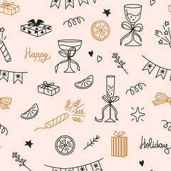 Winter holiday seamless vector pattern with line art whimsical doodle elements. Hand drawn gifts, champagne, glass, , firecracker, orange, garland, lettering on beige background.