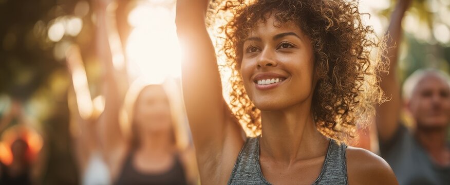 The woman smiling in an outdoor sunrise fitness class surrounded by supportive group