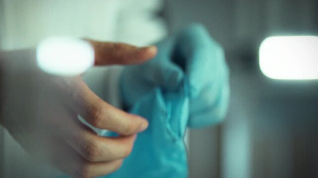 Before beginning a study, a laboratory worker puts on blue gloves. This is a mandatory step to ensure sterility and safety. Cleanliness and safety are a top priority for a scientific researcher