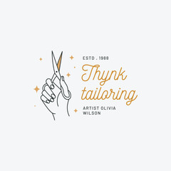Elegant tailoring logo template with hand holding scissors and star accents perfect for showcasing your brand's unique style and artisan quality