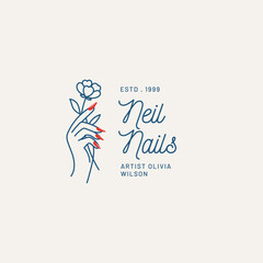 Elegant nail salon logo design with stylized hand holding flower and trendy red manicure - perfect for modern beauty branding and marketing