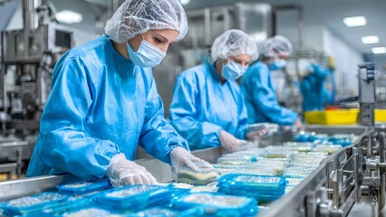 Food production workers in full sanitary clothing are preparing packaged meals on a conveyor belt, emphasizing hygiene, quality control, and industrial safety.