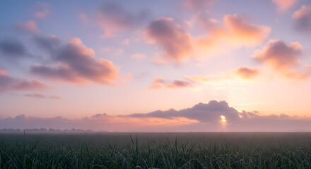 Obraz premium Idyllic sunrise over field with soft clouds and pastel sky creating a peaceful morning scene