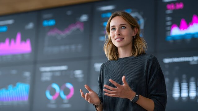 Confident businesswoman presenting to an audience against a backdrop of large digital screens displaying real-time data analytics, financial graphs, and business intelligence dashboard in a modern off