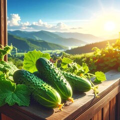 Fresh cucumbers with foliage sit on wood, backdrop of sunlit mountains