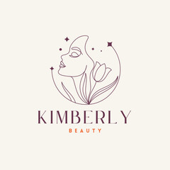 Fototapeta premium Elegant line art logo design featuring a woman's profile with a blooming flower and subtle celestial stars for beauty brands