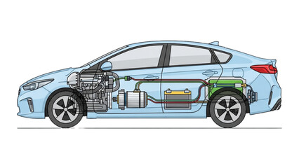 Illustration of a hybrid car's internal mechanics and power system