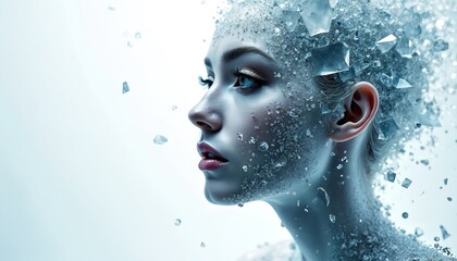 Female head profile with ice crystals covering face, body. Shattered glass fragments float around, breaking apart, creating surreal transformation. Abstract art shows cold, frozen beauty, fragility,