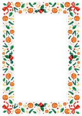 Festive Watercolor Christmas Border with Holly, Oranges, and Bells