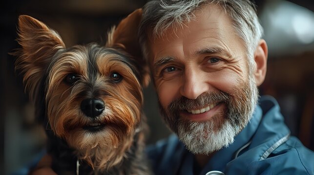 Smiling mature bearded man in blue jacket with Yorkshire terrier dog close up portrait. Pet owner and furry friend share happy moment together.