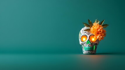 Decorative skull with glowing orange pineapple crown against turquoise background, creative still life with dramatic lighting and copy space for seasonal design.
