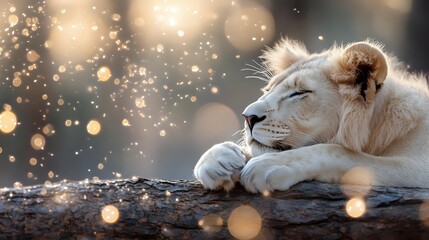White lion cub resting peacefully on rock with magical golden bokeh lights and sparkles creating dreamy atmosphere against dark background.