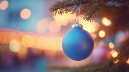 Blue ornament hanging on a festive tree with colorful lights shining