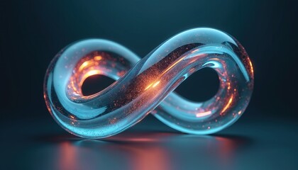 Infinity sign shape abstract structure. Tech art glassy surface with blue glow, orange light inside. Conceptual digital design element wallpaper. Symbol of limitless opportunities, endless