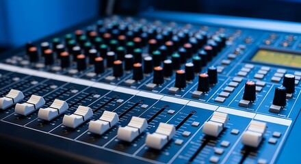 Obraz premium Closeup shot of a professional audio mixing console with sliders, knobs, and buttons, illuminated by blue lighting, showcasing the equipment used in music production