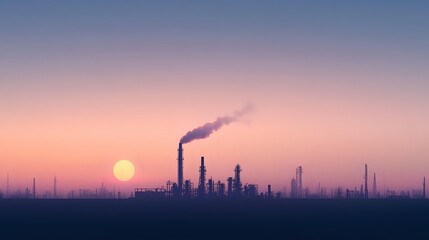 Industrial refinery silhouette against purple and orange sunset sky with rising sun and smoke stack emissions creating atmospheric industrial landscape.