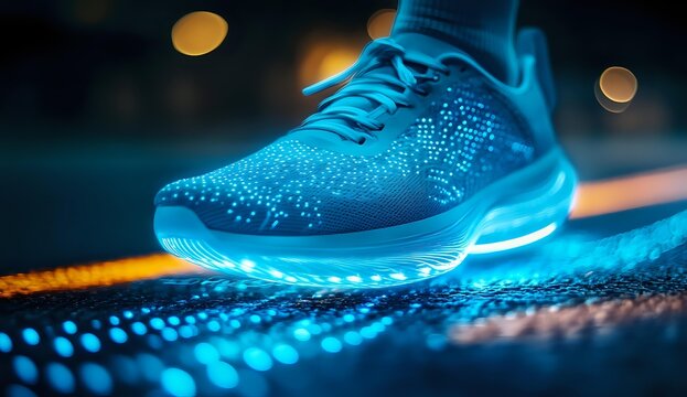 Modern athletic running shoe glowing with bright blue light effect against dark background with bokeh highlights, showcasing innovative sports technology design.