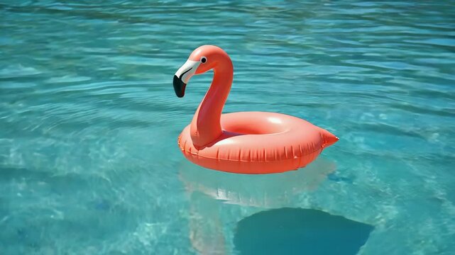 Pink inflatable flamingo in swimming pool or sea at summer