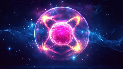 Neon - Lit Atomic Structure on Cosmic Background with Glowing Energy Waves