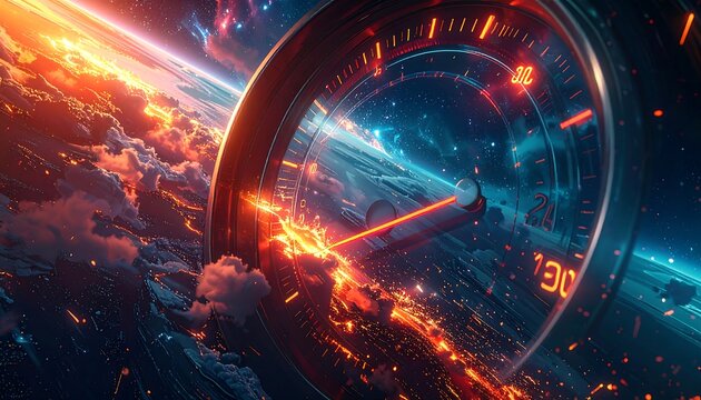 A futuristic, surreal depiction of a speedometer hurtling through space above a fiery earth, surrounded by cosmic elements