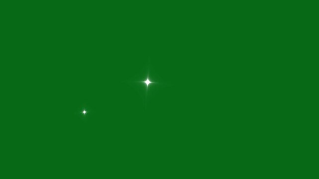 Star twinkling light animation loop, sparkling white glowing particles with flashes and dots, retro vector style stars on green screen, 4K shining overlay effect video