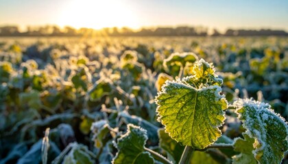 Field of plants bathed in golden sunrise, with frost glistening on foliage