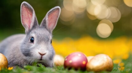 Cute gray rabbit with Easter eggs in a vibrant garden setting during springtime