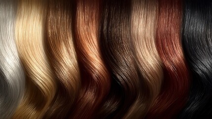 Naklejka premium Wavy hair strands in different natural colors from platinum blonde to black arranged in gradient pattern showing variety of hair dye and coloring options.