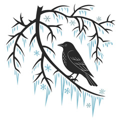 Blackbird perched on a branch with icicles
