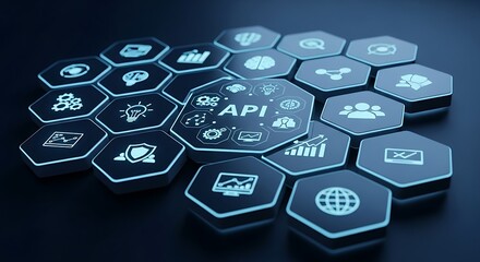 Hexagonal icons with A P I at center on dark background technology connection