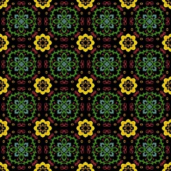 Colorful Folk Mandala Seamless Pattern on Black Background