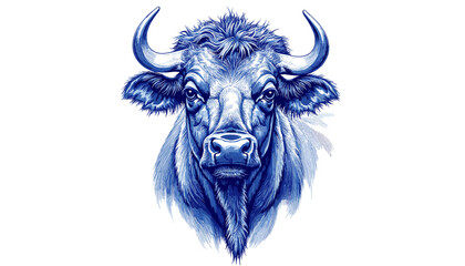 Vintage sketch of a buffalo drawn with a pen and blue ink  