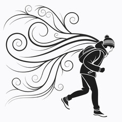 Man running in winter with wind blowing