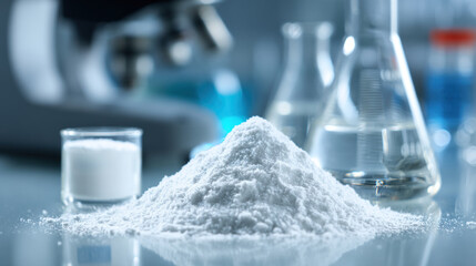 A pile of white powder is placed near laboratory glassware, showcasing a scientific setup for experiments