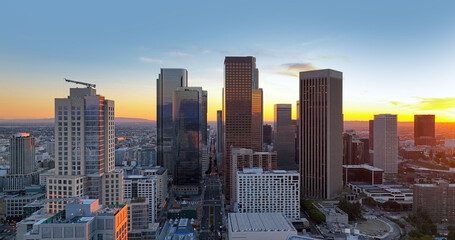 Fototapeta premium Aerial panorama of Los Angeles city skyline with skyscrapers. Drone shot of downtown Los Angeles.