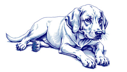 Vintage sketch of a dog laying down with a blue ink style  