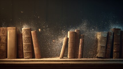 Dust settles on vintage books resting on a shelf, bathed in soft light, creating a nostalgic ambiance
