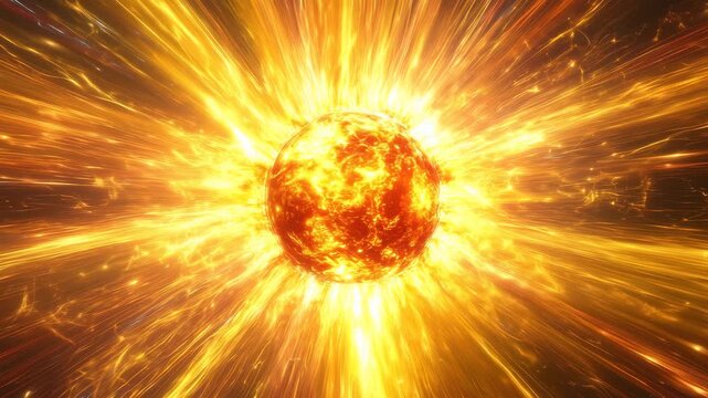 A vibrant, fiery sun explodes with intense energy, radiating light and heat outwards into the vastness of space, a spectacular cosmic phenomenon 4k video