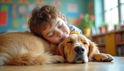 Young boy rests head on golden retriever in classroom. Kid cuddles with dog. Child sleeps with puppy. Concept of canine therapy, animal support and human affection in school class indoor.