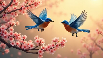 Fototapeta premium Two bluebirds fly near blooming cherry blossom branches. Soft focus illustration depicts birds in flight against a warm blurred backdrop. Springtime artwork shows vibrant pink flowers.