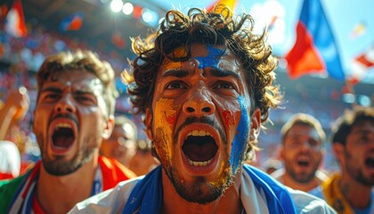 Intense close up of a passionate sports fan with face paint shouting at a game