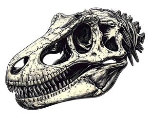 Detailed illustration of a dinosaur skull, featuring sharp teeth and bone details