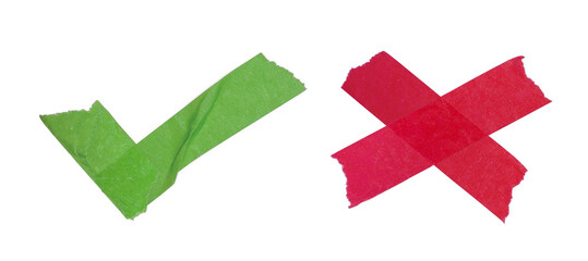 Masking paper tape materials set used form of green check mark and red x cross concept of environment recycling Yes or No, Agree or Disagree isolated on transparent background or png file.