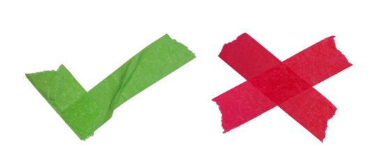 Masking paper tape materials set used form of green check mark and red x cross concept of environment recycling Yes or No, Agree or Disagree isolated on transparent background or png file.