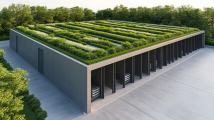 Modern warehouse, green roof, sustainable, eco friendly, surrounded by trees, sunny day