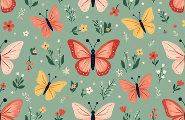 Seamless pattern displays cute butterflies, flowers. Pastel colors give soft vibe. Illustration features pretty insects, plants. Wallpaper art with delicate floral motives used for textile prints,