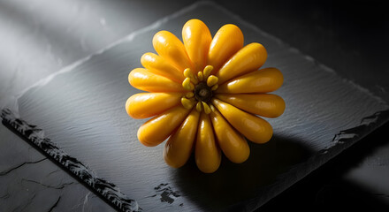 Vibrant yellow flower blossom petals opening on a textured gray surface with dramatic lighting