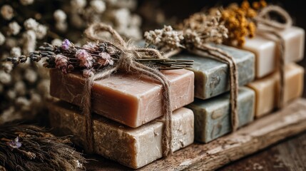Softly colored handmade soaps are tied with twine, surrounded by dried flowers in a rustic setting